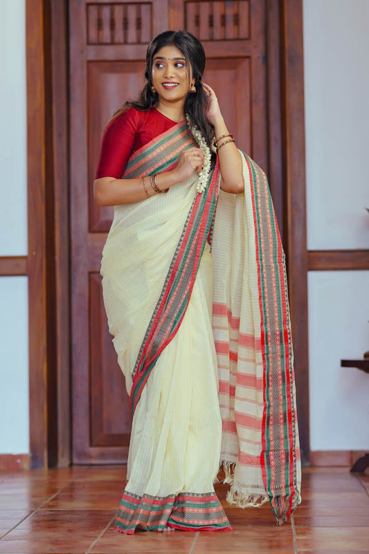 Ivory Narayanpet Stripped Saree