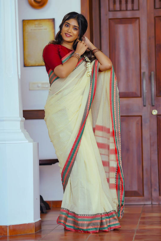 Ivory Narayanpet Stripped Saree