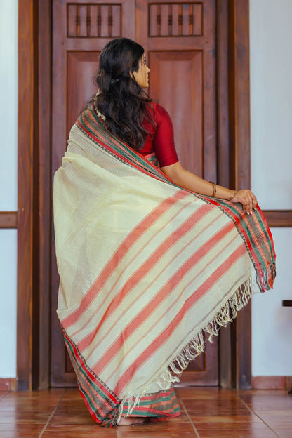 Ivory Narayanpet Stripped Saree
