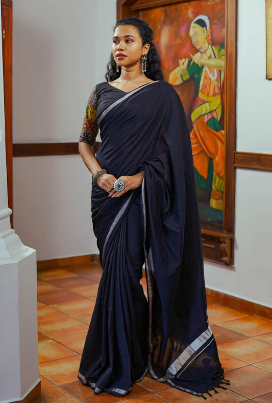 Black Handloom Saree with 2 Inch Silver Border