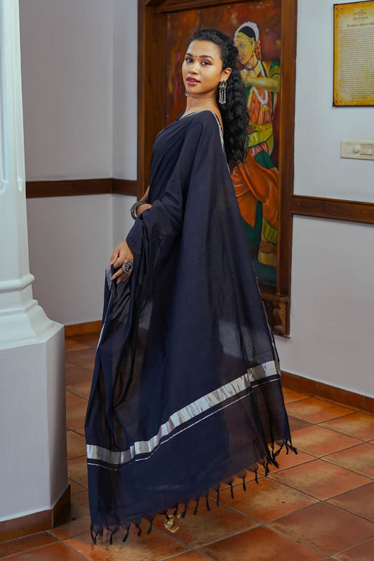 Black Handloom Saree with 2 Inch Silver Border