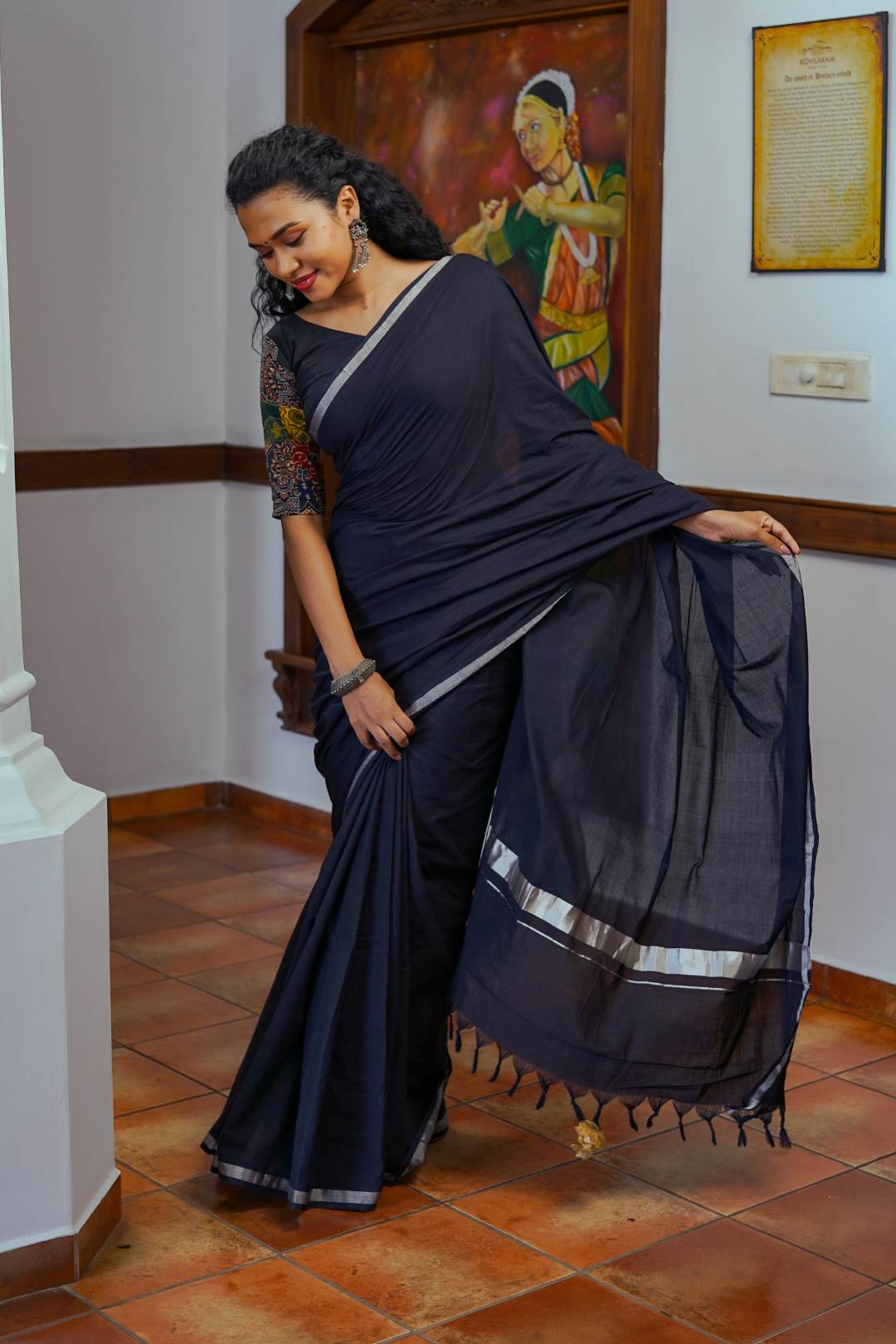 Black Handloom Saree with 2 Inch Silver Border