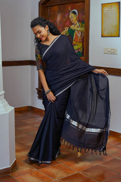 Black Handloom Saree with 2 Inch Silver Border