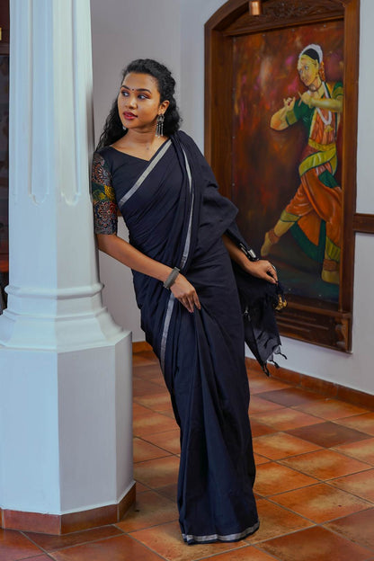 Black Handloom Saree with 2 Inch Silver Border