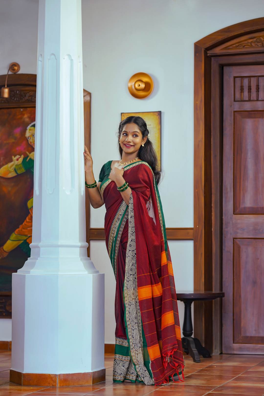 Maroon Narayanpet Peacock Print Saree