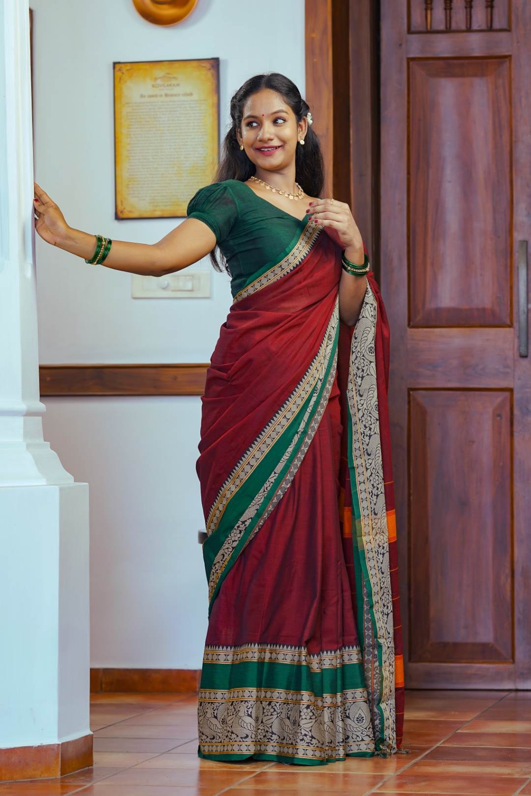 Maroon Narayanpet Peacock Print Saree