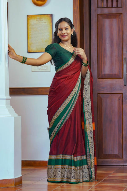 Maroon Narayanpet Peacock Print Saree