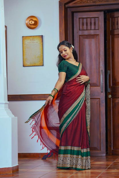 Maroon Narayanpet Peacock Print Saree