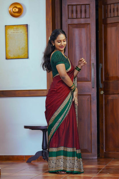 Maroon Narayanpet Peacock Print Saree