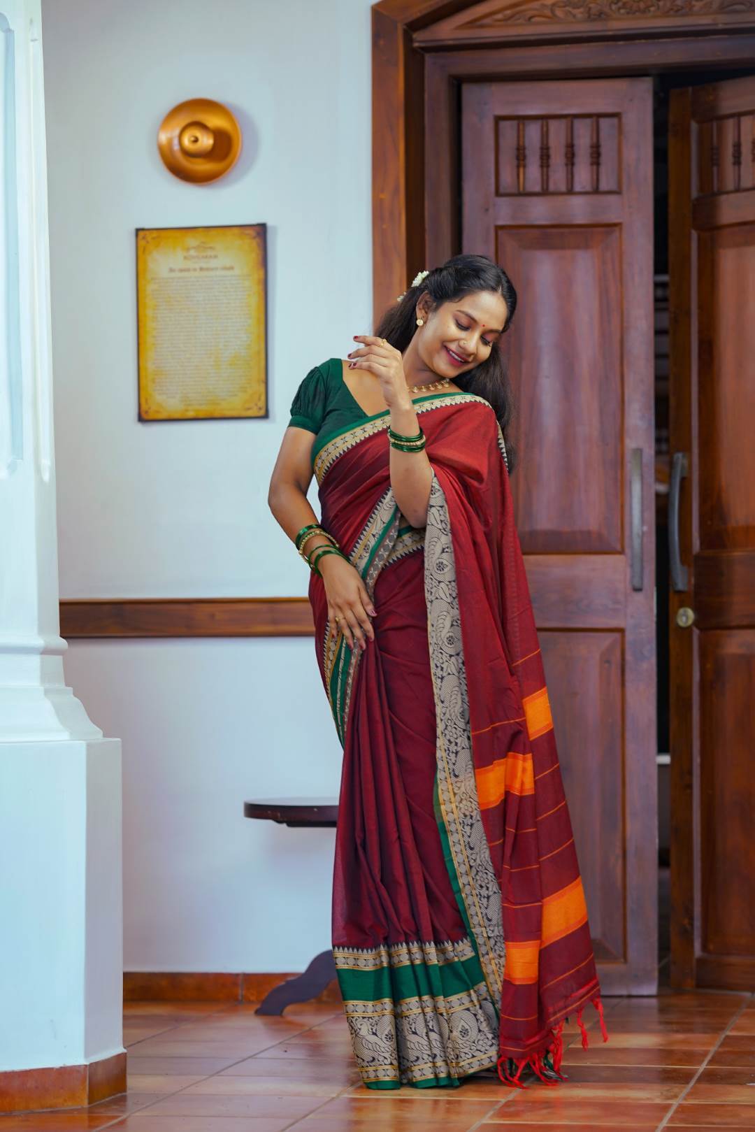 Maroon Narayanpet Peacock Print Saree