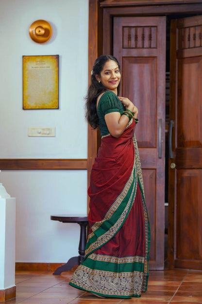 Maroon Narayanpet Peacock Print Saree