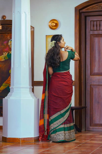 Maroon Narayanpet Peacock Print Saree