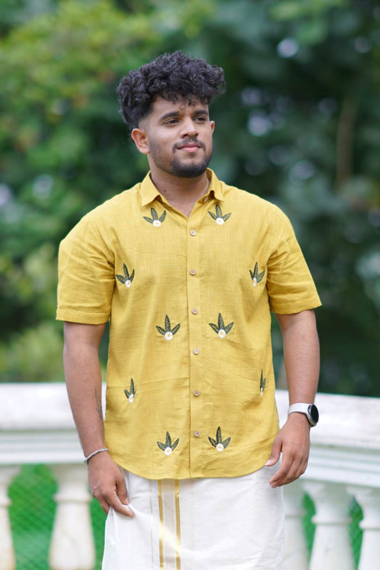 Yellow Shirt with white Flower & Leaf Embroidery
