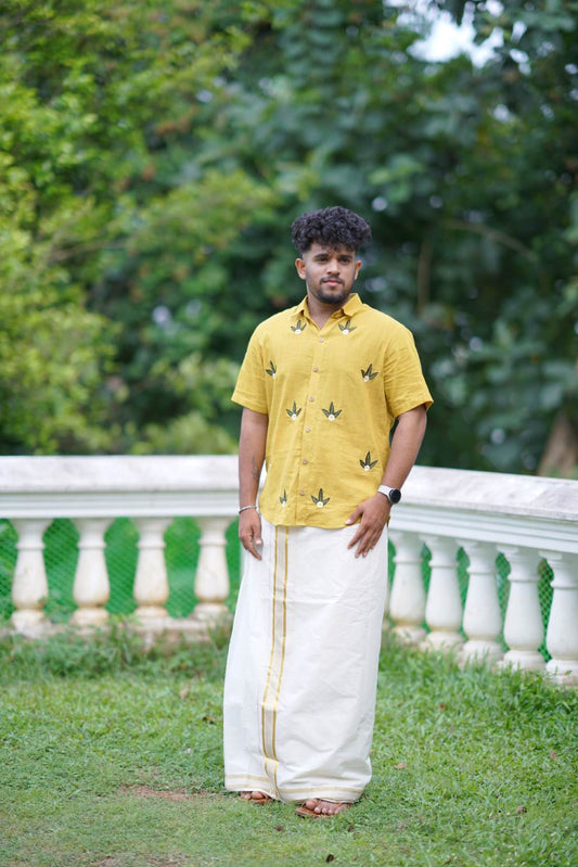 Yellow Shirt with white Flower & Leaf Embroidery