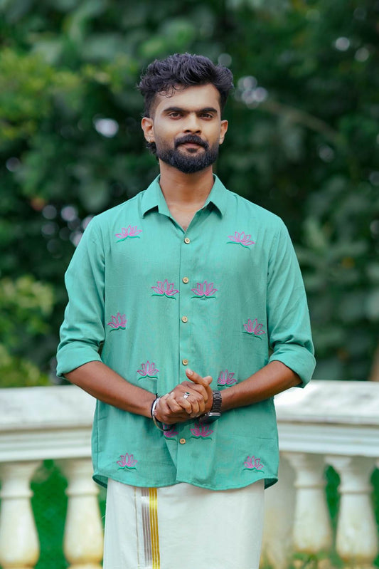 Mint Green Full Sleeve Shirt with Lotus Embroidery