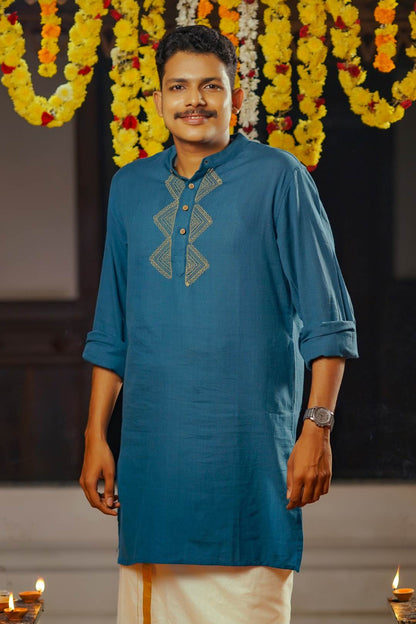 Peacock Blue Base Full sleeve Kurtha