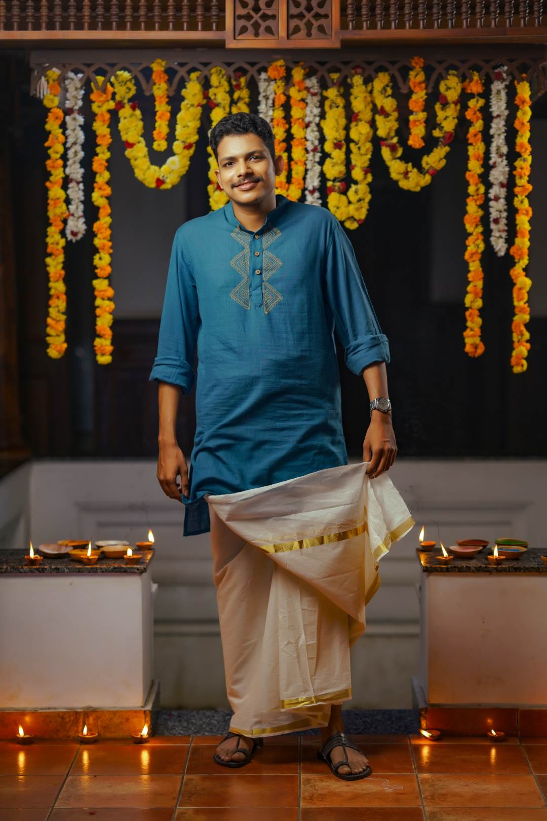 Peacock Blue Base Full sleeve Kurtha