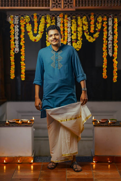 Peacock Blue Base Full sleeve Kurtha
