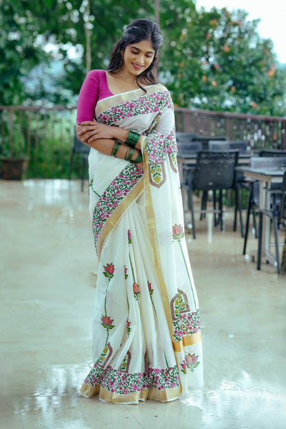 Offwhite Saree with Lotus & Flower Inside Window Print