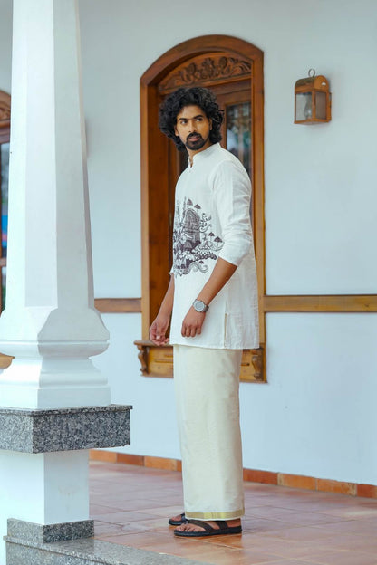 Offwhite Full Sleeve Long Kurtha with Handblock Print
