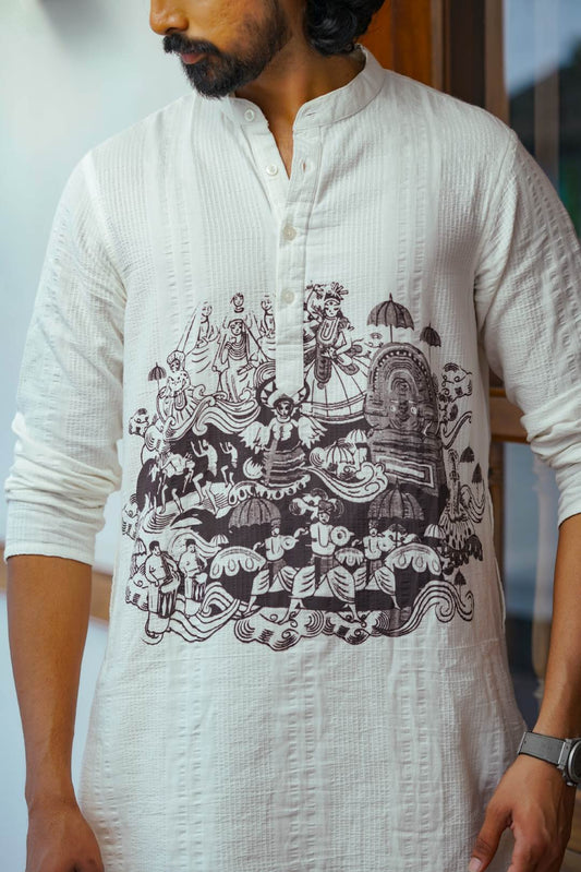 Offwhite Short Kurtha with Kerala Artform Theme Print