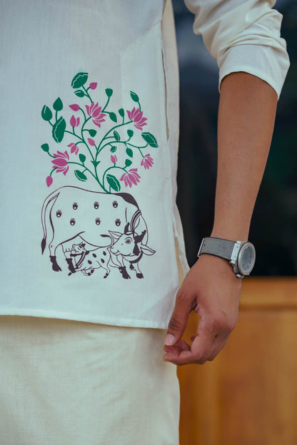 Offwhite Handblock Print Long Kurtha