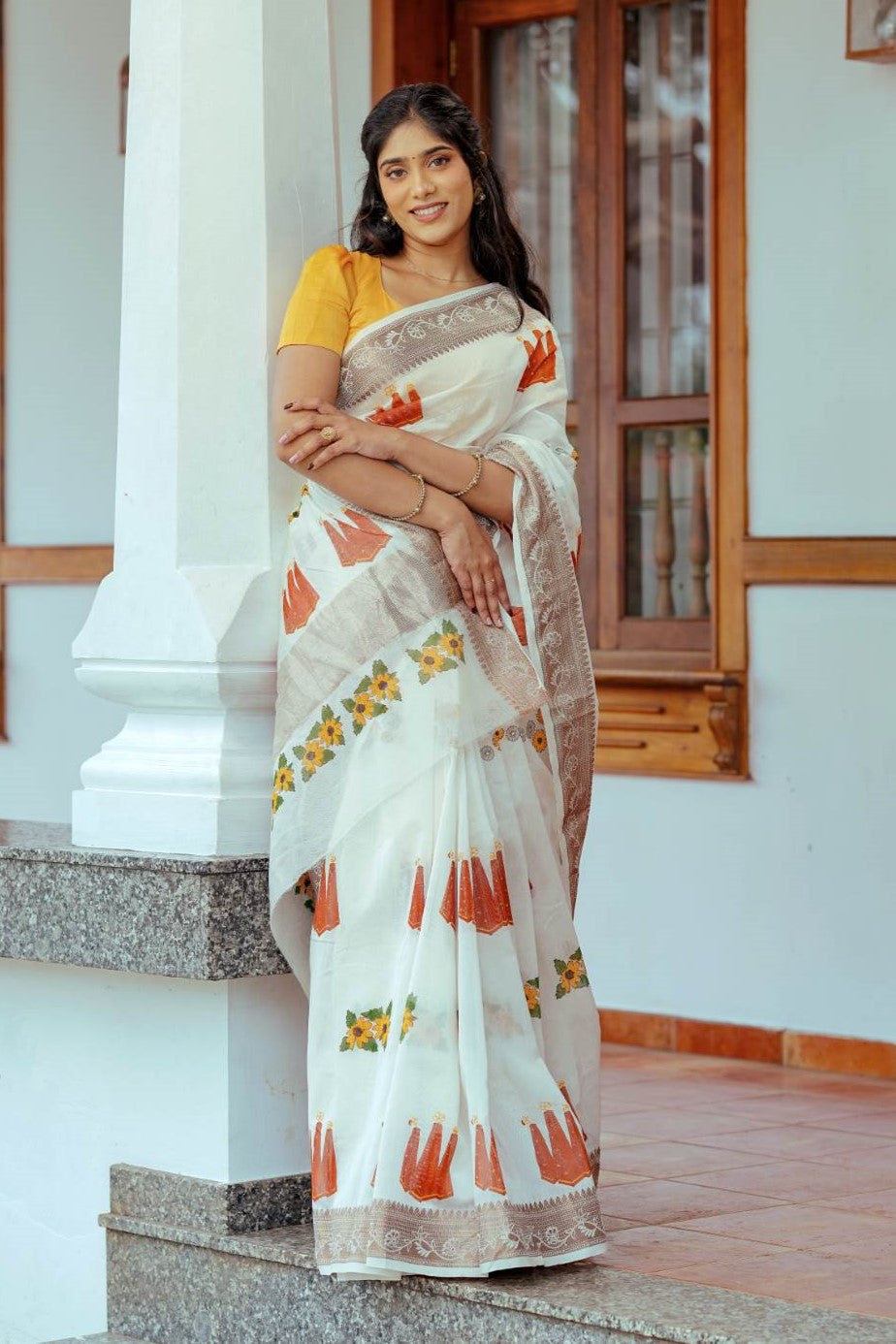Offwthite Saree with Thrikkarappan & Flower Block Print