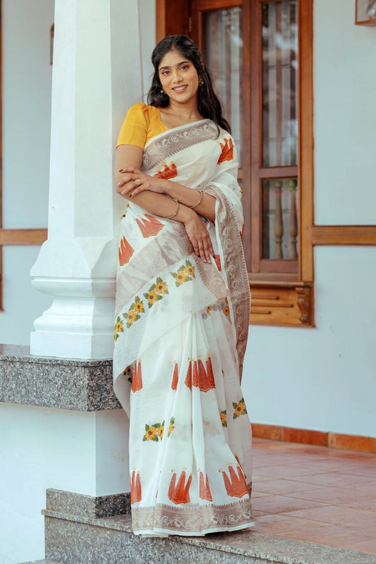 Offwthite Saree with Thrikkarappan & Flower Block Print