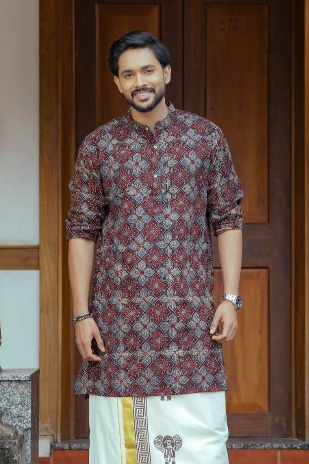 Black Full Sleeve Long Kurtha Four Petal Pint Chinese Colar