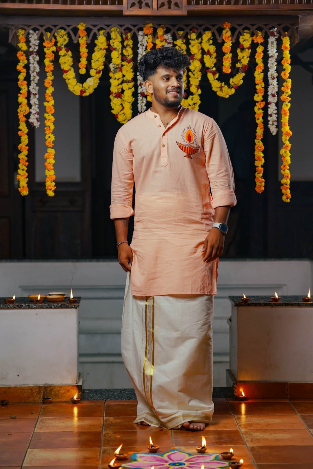 Peach Base Full Sleeve Kurtha