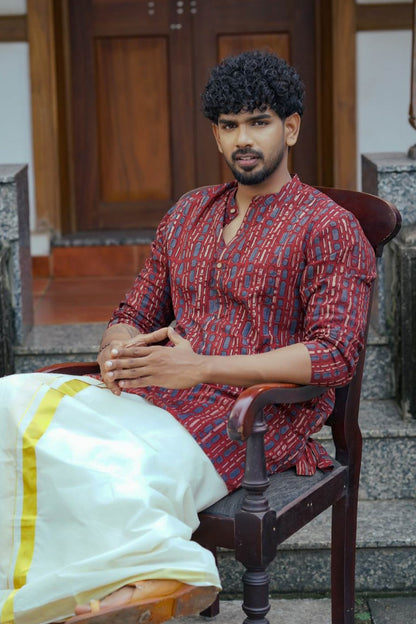 Red Full Sleeve Long Kurtha Epidermis Print Chinese Colar