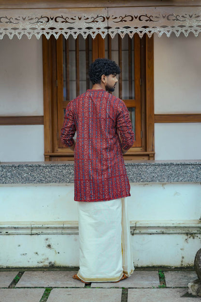 Red Full Sleeve Long Kurtha Epidermis Print Chinese Colar