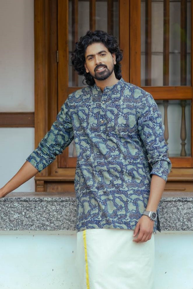 Blue Amoeba Print Full Sleeve Kutha Chinese Colar Neck