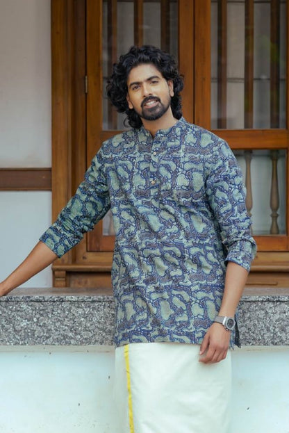 Blue Amoeba Print Full Sleeve Kutha Chinese Colar Neck