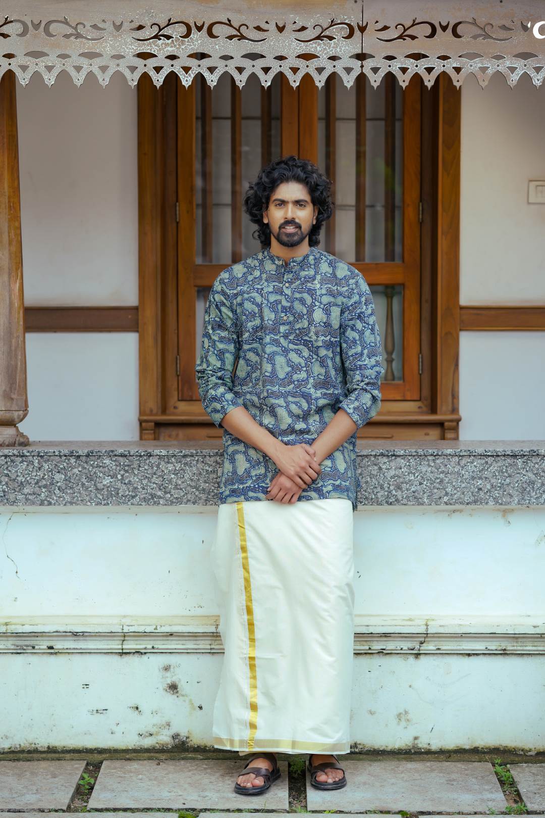 Blue Amoeba Print Full Sleeve Kutha Chinese Colar Neck