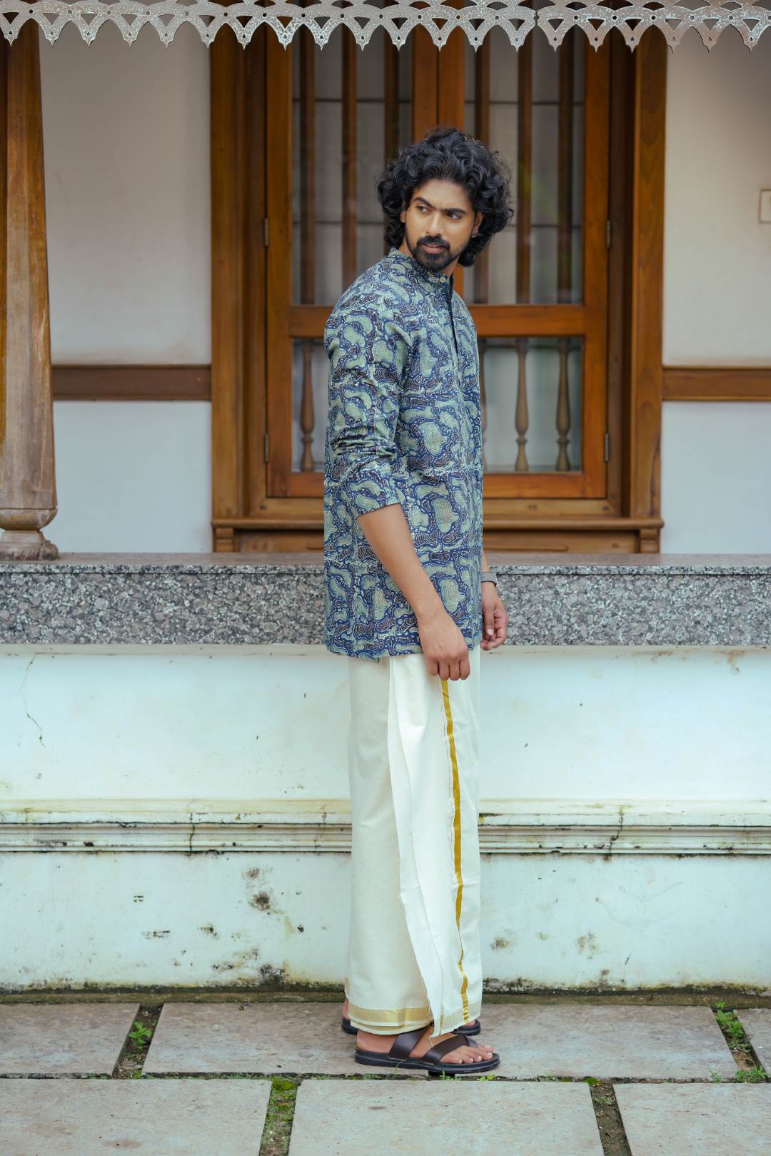 Blue Amoeba Print Full Sleeve Kutha Chinese Colar Neck