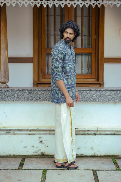 Blue Amoeba Print Full Sleeve Kutha Chinese Colar Neck