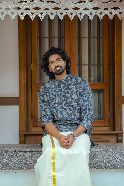 Blue Amoeba Print Full Sleeve Kutha Chinese Colar Neck