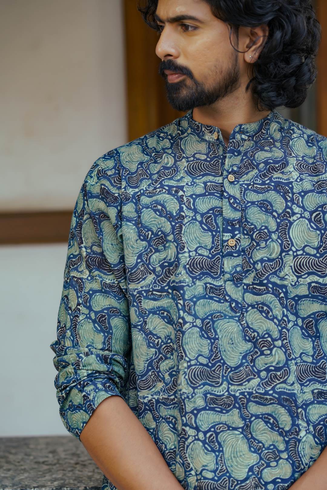 Blue Amoeba Print Full Sleeve Kutha Chinese Colar Neck