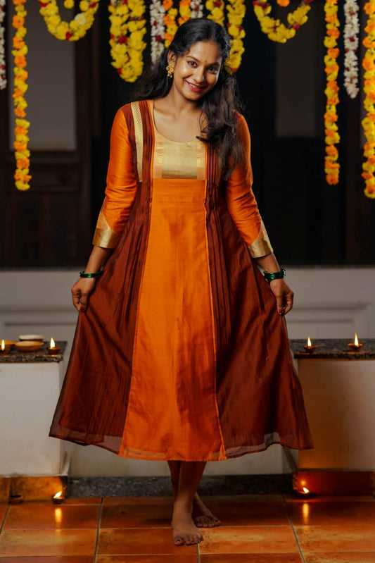 Orange & Brown A line 3 Panel Dress