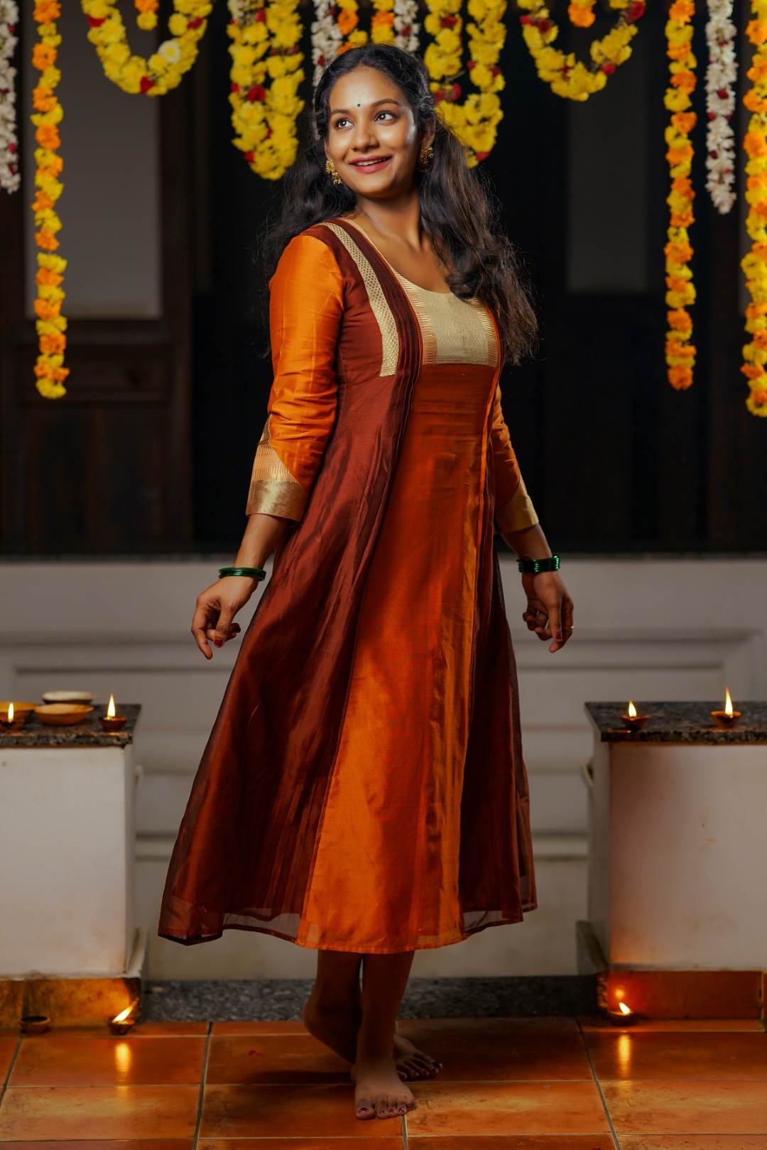 Orange & Brown A line 3 Panel Dress