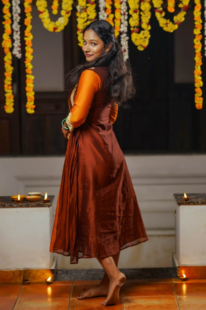 Orange & Brown A line 3 Panel Dress