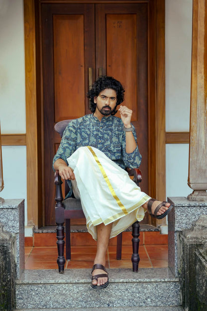 Blue Amoeba Print Full Sleeve Kutha Chinese Colar Neck