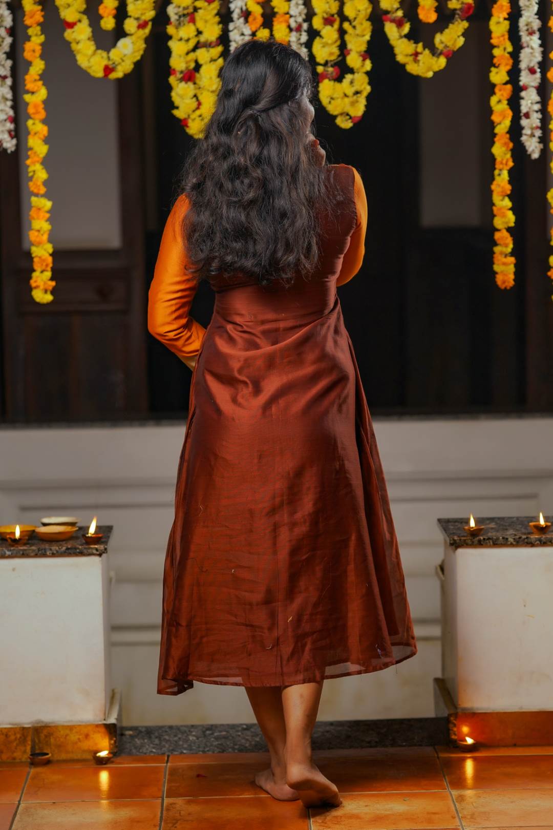 Orange & Brown A line 3 Panel Dress