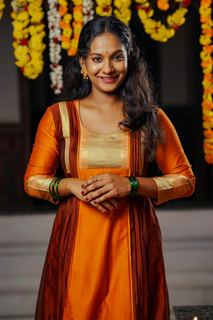 Orange & Brown A line 3 Panel Dress