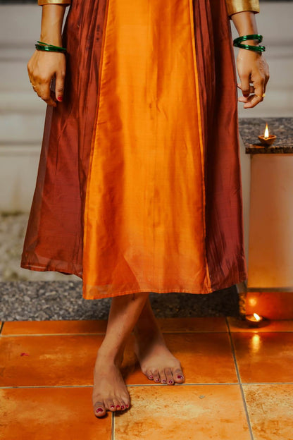 Orange & Brown A line 3 Panel Dress