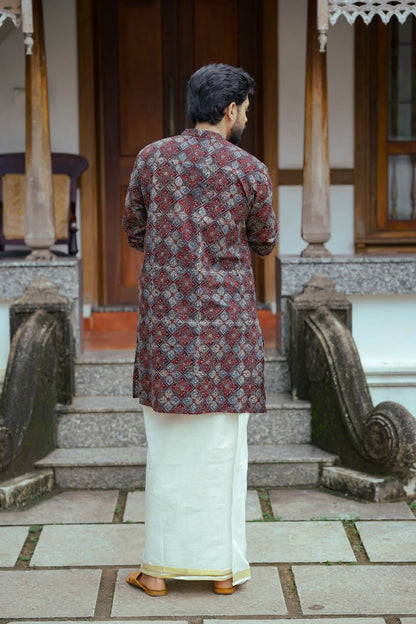 Black Full Sleeve Long Kurtha Four Petal Pint Chinese Colar