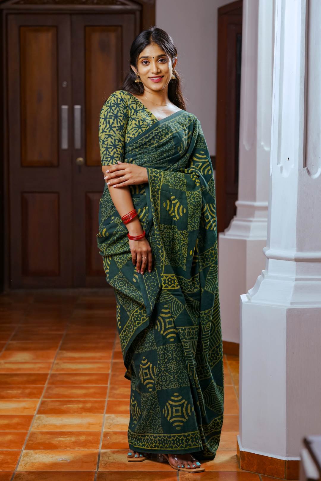 Green Base Box Print Saree
