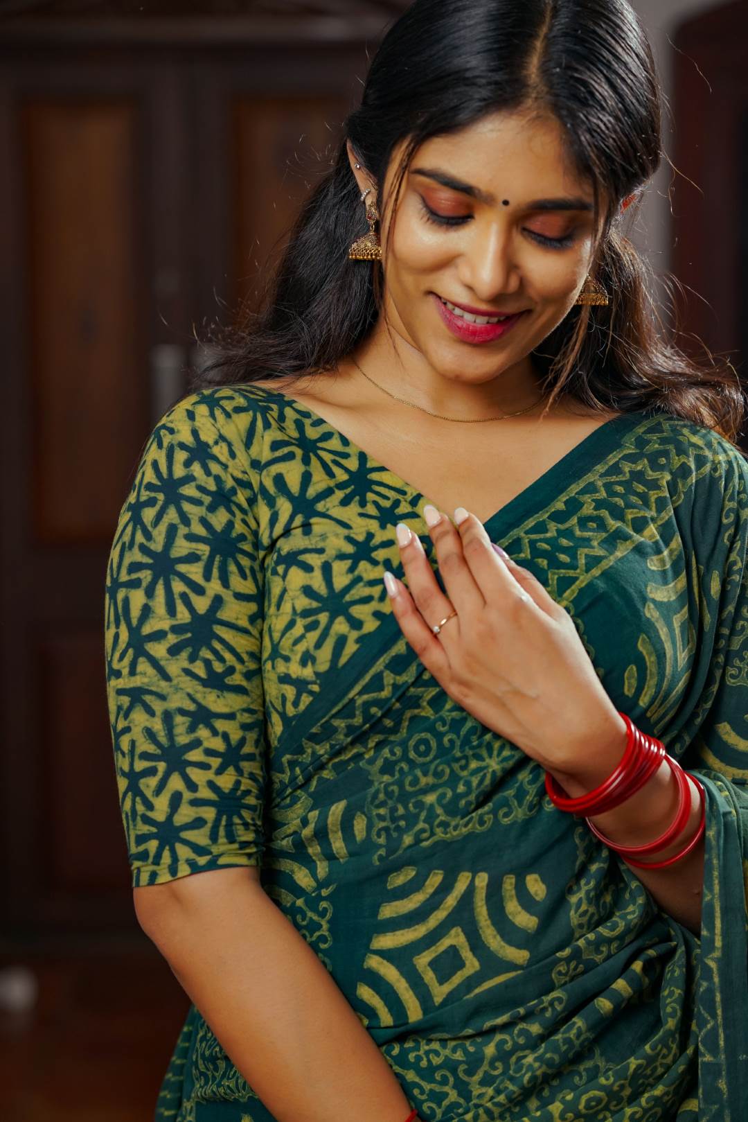 Green Base Box Print Saree