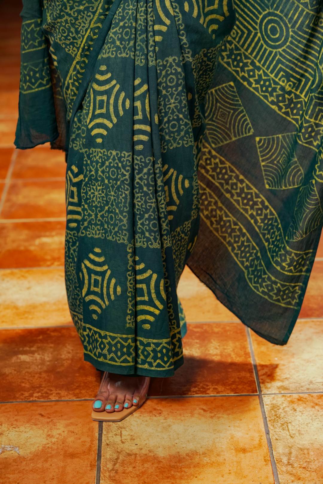 Green Base Box Print Saree